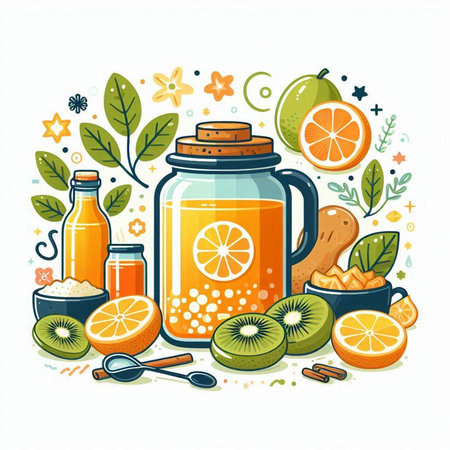 Citrus smoothie in a glass jar with ingredients. Vector illustration.のイラスト素材