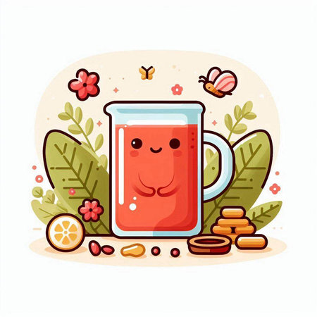 Fruit tea in a glass mug with a cute cartoon character, vector illustrationのイラスト素材