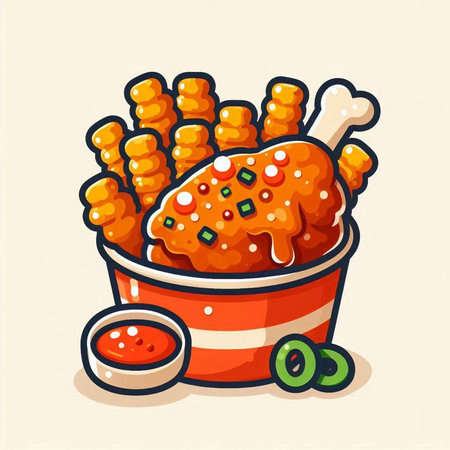 Crispy fried chicken legs in bowl with ketchup. Vector illustration.のイラスト素材
