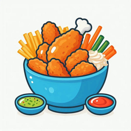 Fried chicken nuggets in a bowl with sauce. Vector illustration.のイラスト素材