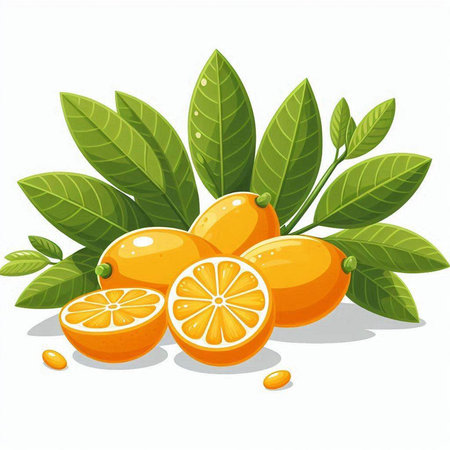 Fresh ripe kumquat fruits with leaves. Vector illustration.のイラスト素材