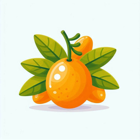 Orange fruit with leaves isolated on white background. Vector cartoon illustration.のイラスト素材