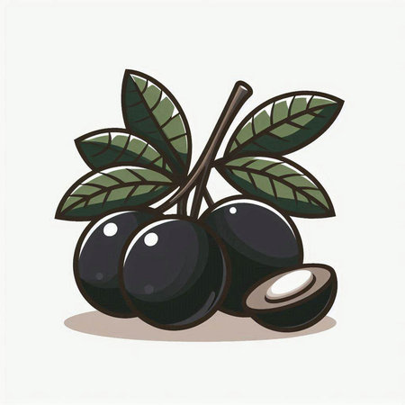 Black olives with leaves on a white background. Vector illustration.のイラスト素材