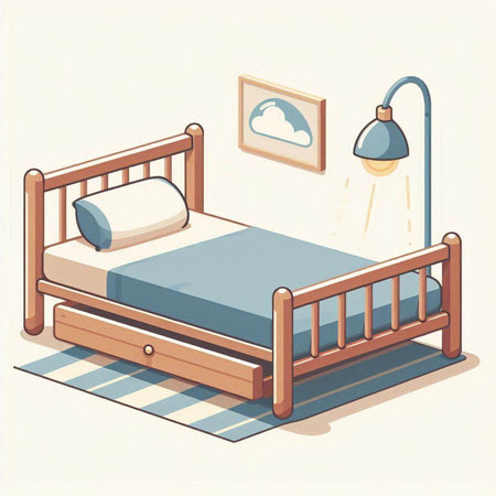 Bedroom isometric vector illustration. Bed with pillows and lampのイラスト素材