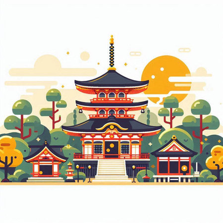 Korean traditional style building in the park. Vector illustration of a flat design.のイラスト素材