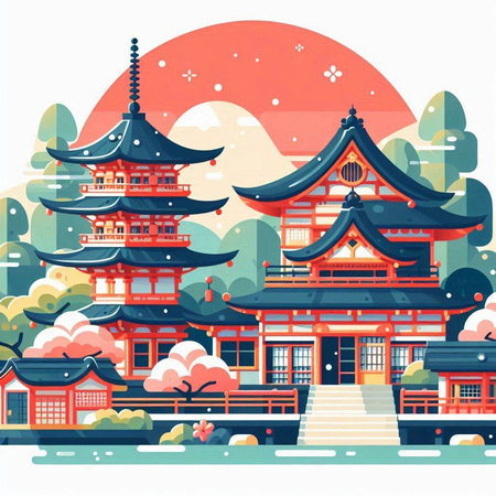 Japanese temple in the snow. Vector illustration in a flat style.のイラスト素材