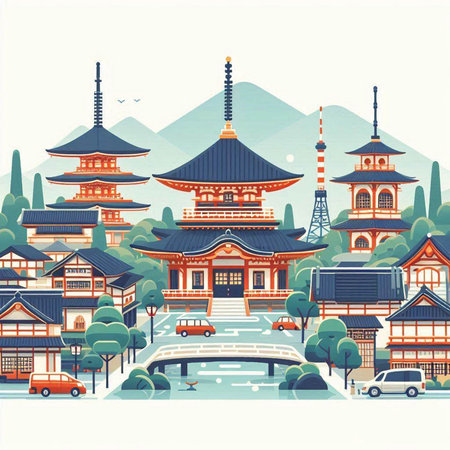 Korean traditional architecture. Vector illustration in retro style. Travel and tourism.のイラスト素材