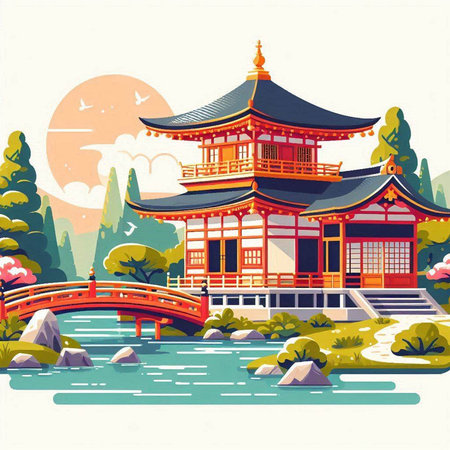 Beautiful Chinese temple in the middle of the river. Vector illustration.のイラスト素材