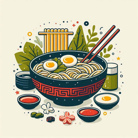 Illustration of japanese ramen with egg and chopsticksのイラスト素材