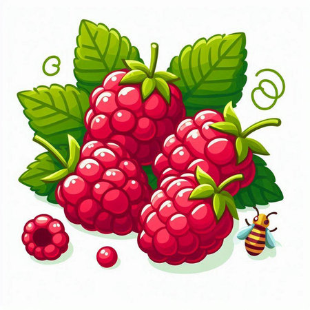 Raspberries with leaves on a white background. Vector illustration.のイラスト素材