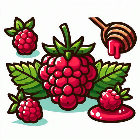 Raspberry with honey on a white background. Vector cartoon illustration.のイラスト素材