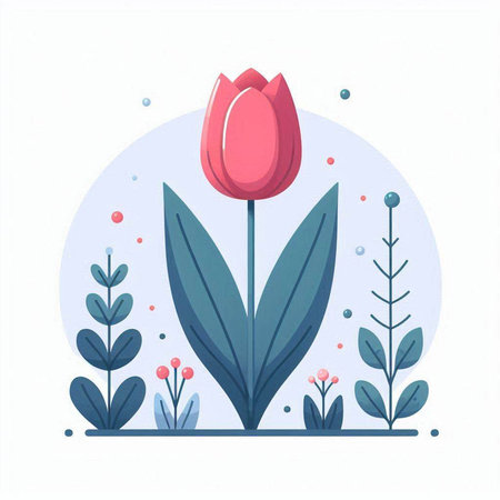 Tulip flat vector illustration. Spring flowers, leaves and berries.のイラスト素材