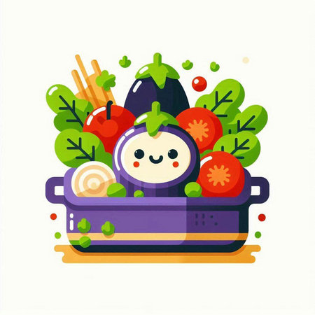 Illustration of a cute vegetable soup in a cooking pot. Vector illustration.のイラスト素材
