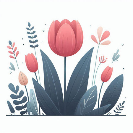 Tulip flowers and leaves in flat style. Vector illustration.のイラスト素材