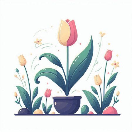 Flowerpot with tulips in the garden. Vector illustration.のイラスト素材