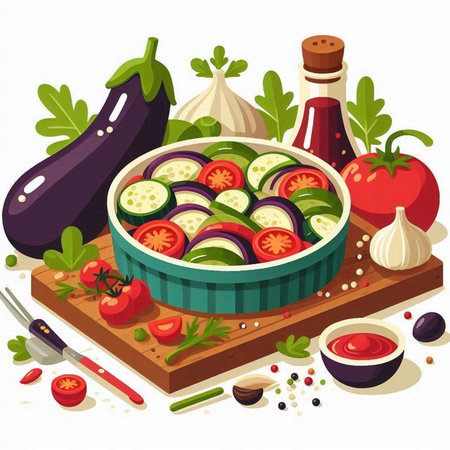Vegetable salad in a bowl with tomato, zucchini, eggplant, onion, garlic, parsley, pepper and ketchupのイラスト素材