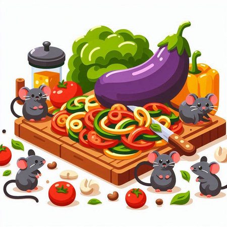 Rat, eggplant, tomato, pepper, zucchini and pasta on cutting board. Vector illustration.のイラスト素材