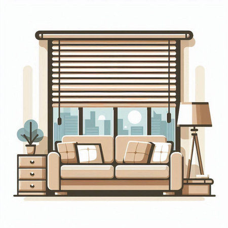 Modern living room interior with sofa and window blinds. Vector illustration.のイラスト素材