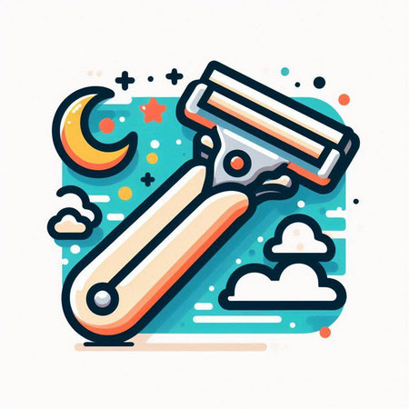 Vector illustration of razor blade on night sky background. Line art style.のイラスト素材