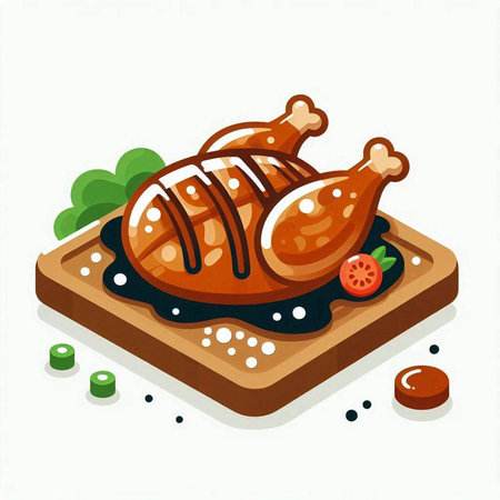 Illustration of a roasted chicken with vegetables on a white background.のイラスト素材
