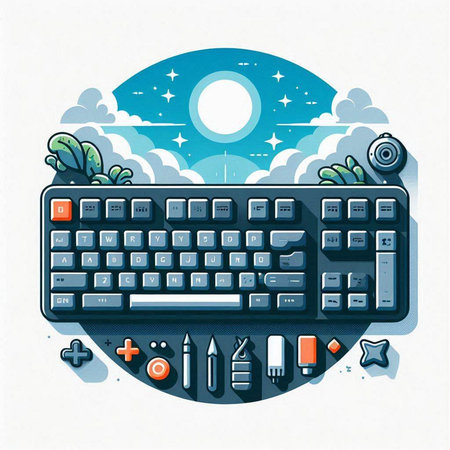 Flat design modern vector illustration concept of computer keyboard, mouse, mouse, pen, pencil, flash drive, star, moon and sunのイラスト素材