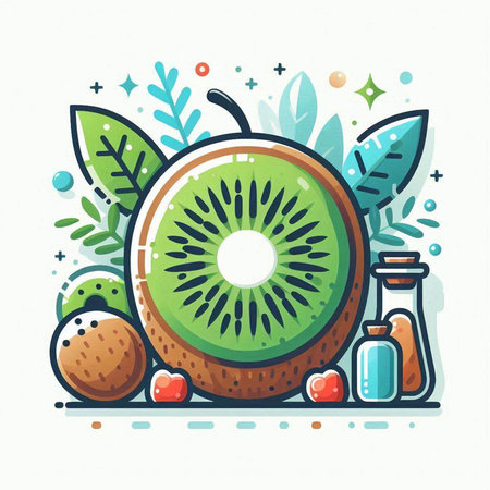 Kiwi fruit and healthy food. Vector illustration in flat style.のイラスト素材
