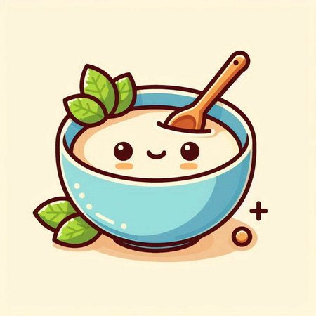 Cute porridge with spoon in bowl. Vector cartoon character illustration icon design.のイラスト素材