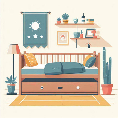 Vector illustration of a childrens bedroom with a bed and a tableのイラスト素材