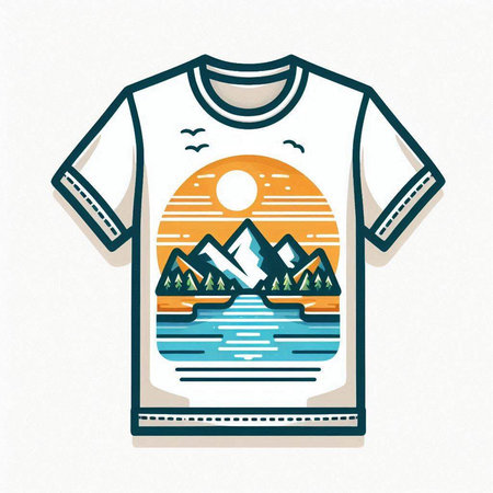 T-shirt design with mountains and lake. Vector illustration in retro style.のイラスト素材