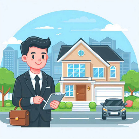 Real estate agent in front of a house. Cartoon vector illustration.のイラスト素材