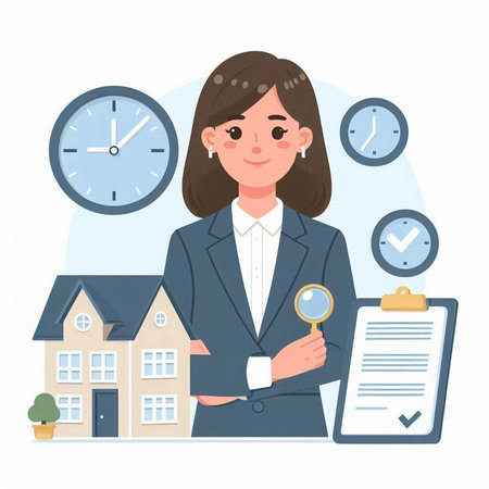 Real estate agent. Vector illustration in flat style. Businesswoman in a suit.のイラスト素材