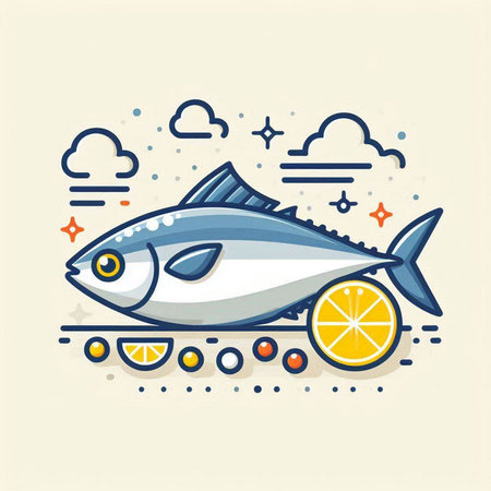 Vector illustration of fresh mackerel with lemon in flat line style.のイラスト素材