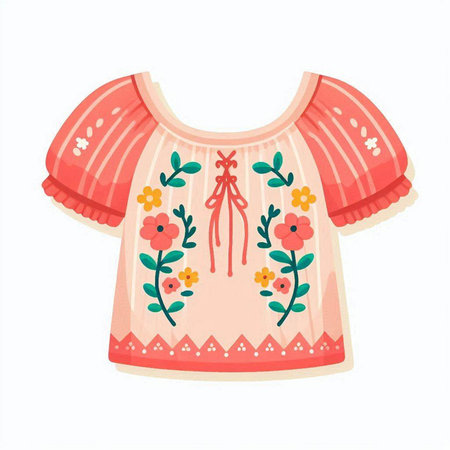 Children's embroidered blouse with floral pattern isolated on white backgroundのイラスト素材