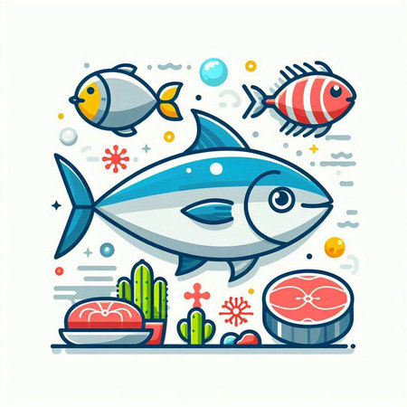 Vector illustration of fish and seafood in flat line style on white background.のイラスト素材