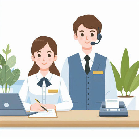 Male and female receptionist in a call center office, vector illustrationのイラスト素材