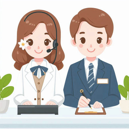 Call center agent and customer service man and woman. Vector illustration.のイラスト素材