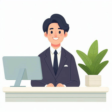 Businessman working at the computer. Vector illustration in cartoon style.のイラスト素材