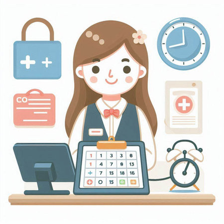 Illustration of a female receptionist at the desk with a calculatorのイラスト素材