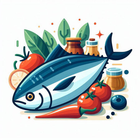 Fresh fish with vegetables, spices and herbs. Vector illustration in cartoon styleのイラスト素材