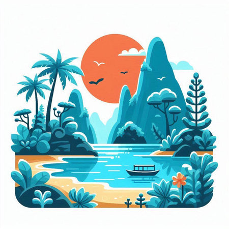 Tropical island with palm trees, sun and boat. Vector illustrationのイラスト素材