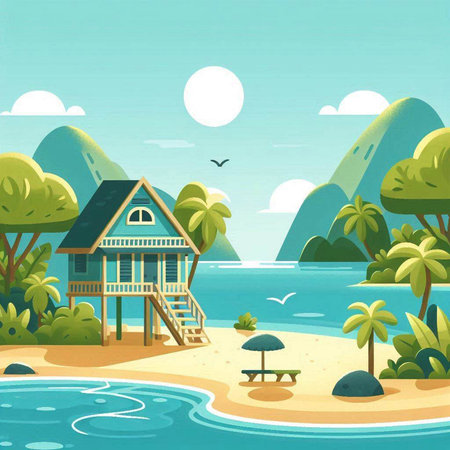 Beach with bungalows on the island. Vector illustration.のイラスト素材