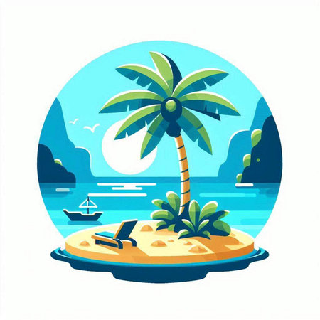 island with palm tree, boat and island in the sea, vector illustrationのイラスト素材