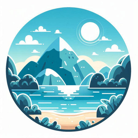 Vector illustration of a mountain landscape with a lake and mountains in a circle.のイラスト素材