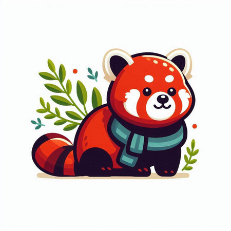 Cute red panda with a scarf and leaves. Vector illustration.のイラスト素材