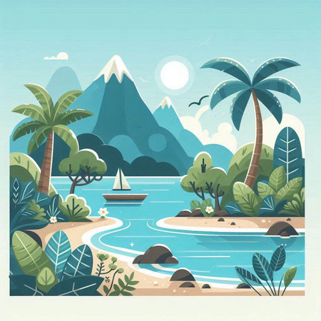 Tropical island with palm trees, sea and mountains. Vector illustrationのイラスト素材