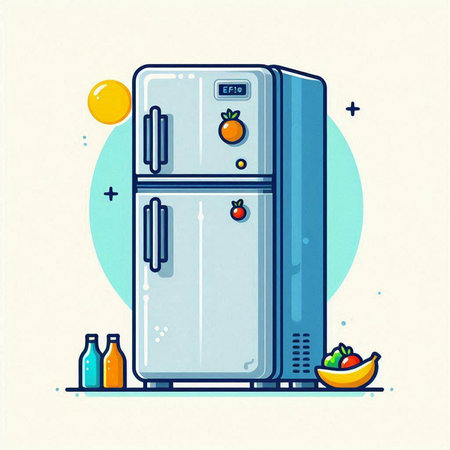 Refrigerator and vegetables. Vector illustration in flat cartoon style.のイラスト素材