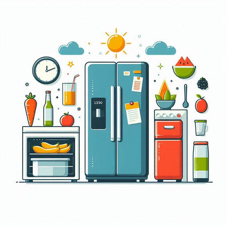 Vector illustration of fridge with food and kitchen utensils on white background.のイラスト素材