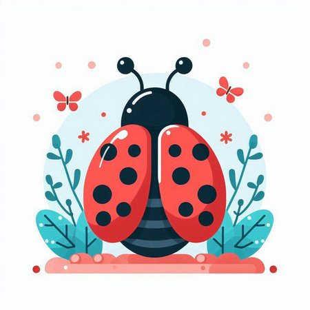 Ladybug vector illustration. Cute cartoon ladybird with red dots on pink background.のイラスト素材