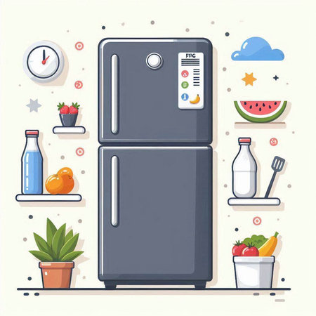 Illustration of fridge with healthy food. Vector illustration in flat style.のイラスト素材