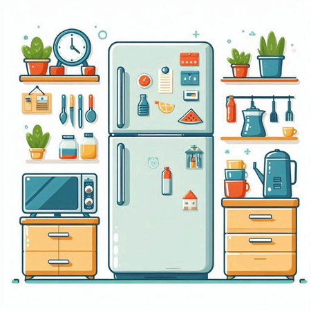 Kitchen furniture. Refrigerator, microwave, coffee machine, dishwasher, microwave, fridge, kitchen accessories. Flat vector illustrationのイラスト素材